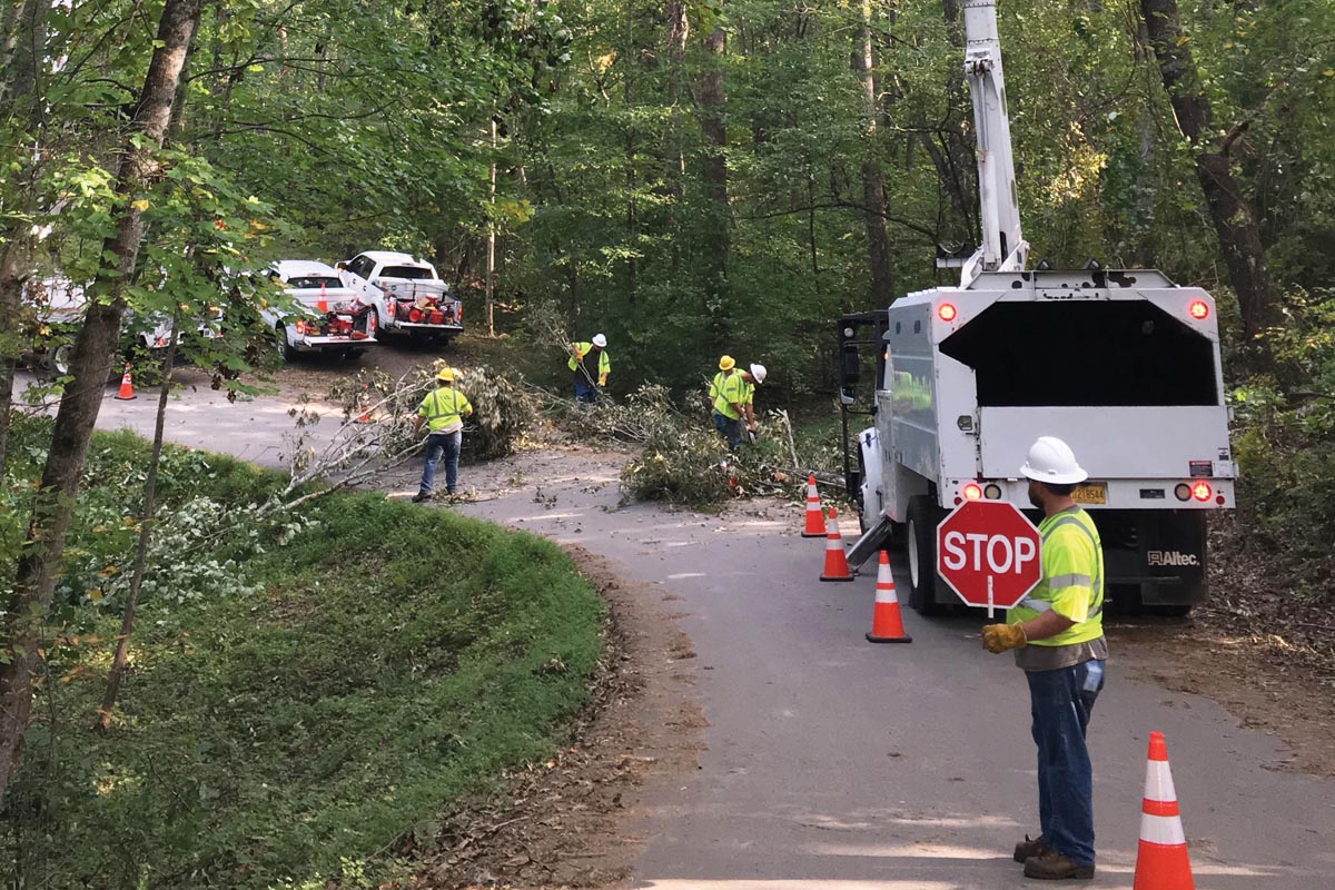 Tree trimming crews working to clear a roadway.